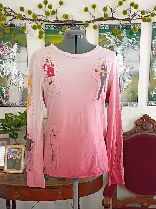 Double D Ranch Tops - Double D Ranch Pink Long Sleeve T-shirt With Country Western Star Patches Size M